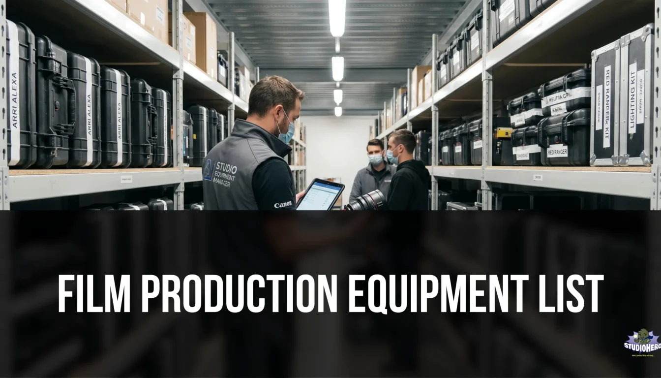 In a well-organized studio gear room, a production manager uses a digital inventory tablet to review a comprehensive film production equipment list with two crew members, demonstrating how professional studio management software prevents shared equipment tracking mistakes and streamlines multi-project film production operations.