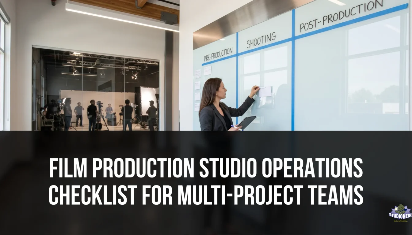 A studio manager updates a physical film production studio operations checklist on a glass board—spanning pre-production, shooting, and post-production operations—while a crew actively films in the background soundstage. This visualizes the complexity of multi-project film production management, demonstrating why modern studio operations management requires a digital production management platform for accurate shared equipment tracking, crew scheduling multiple productions, and overall studio resource management.