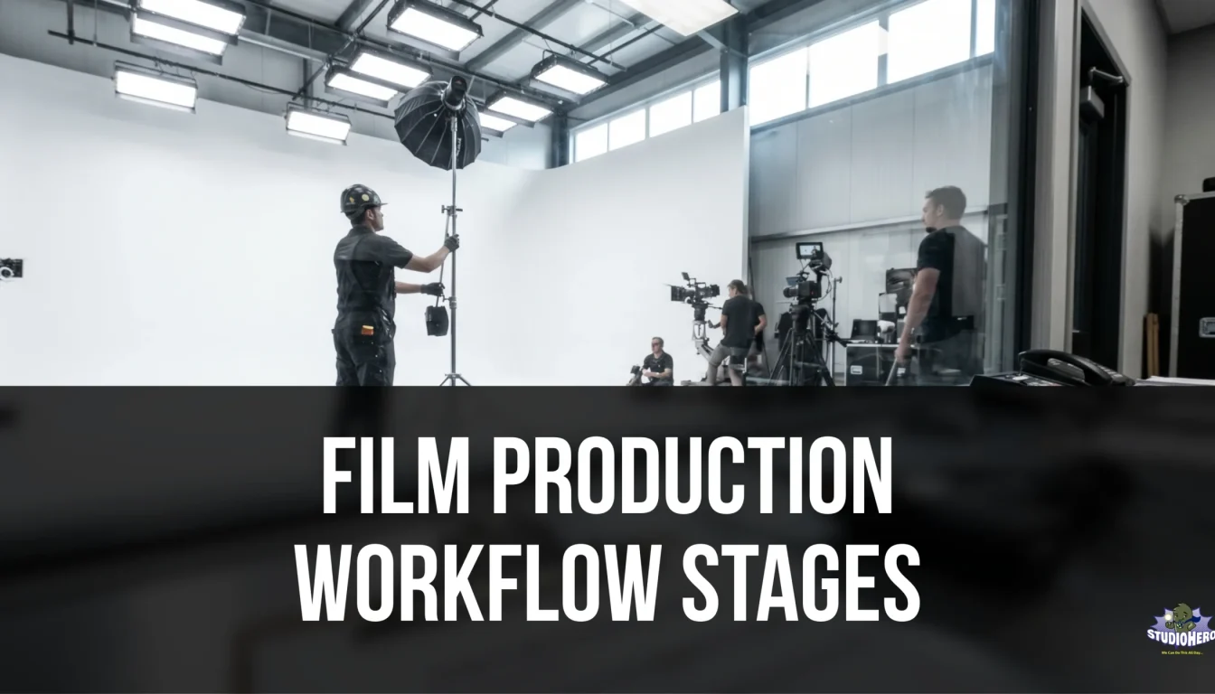An active white cyclorama film production set showing a crew member adjusting a lighting stand, another operating a broadcast camera, and a director monitoring the shot. The overlay text reads "FILM PRODUCTION WORKFLOW STAGES," illustrating the practical execution phase of a complete studio management and production pipeline.