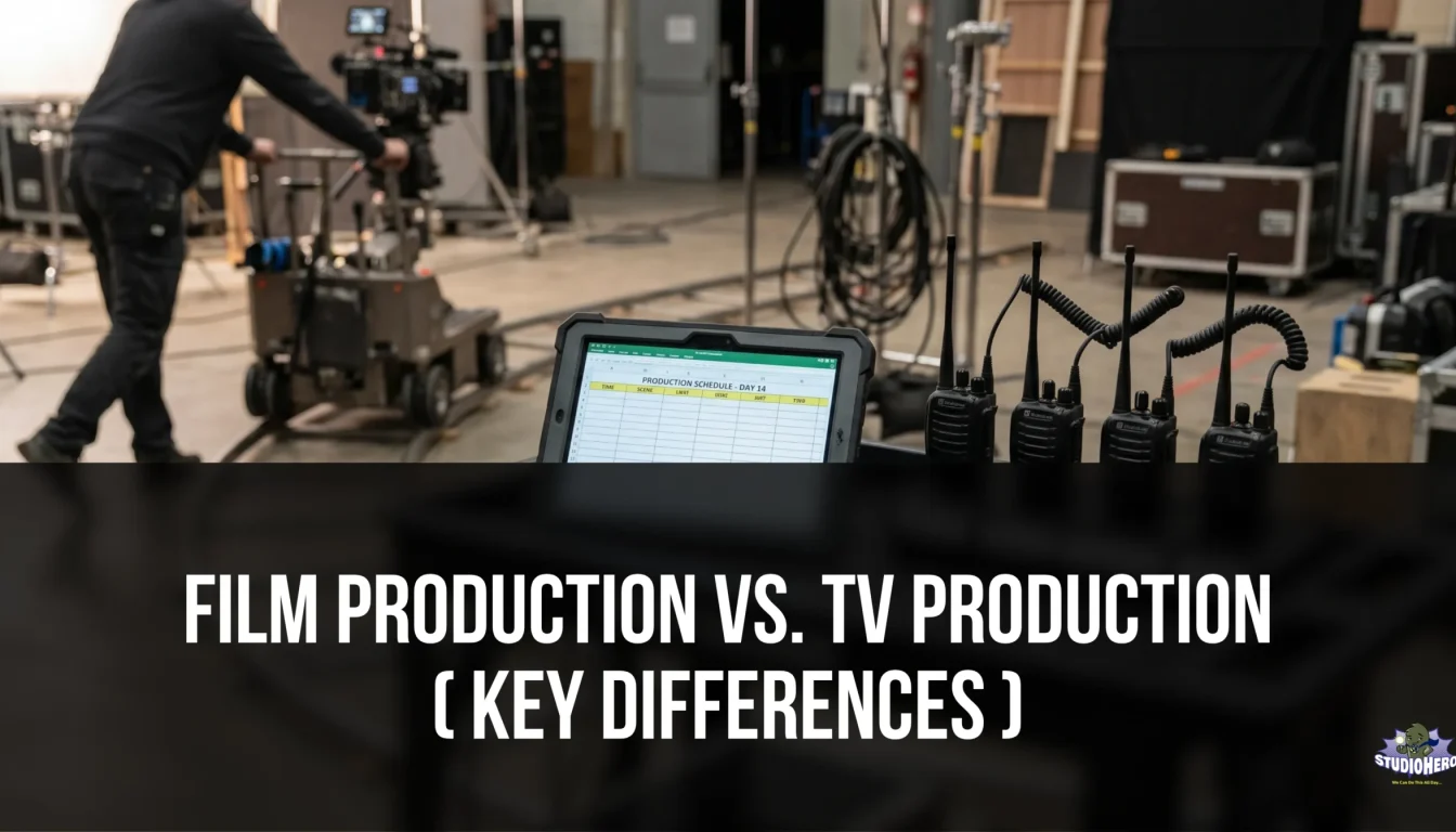 A camera operator pushes a heavy cinema camera rig on a dolly track across a film production stage, with a tablet displaying a digital production schedule and two-way radios resting on a gear cart in the foreground. This visualizes the complex operational coordination and resource management required in both film production and TV production workflows.