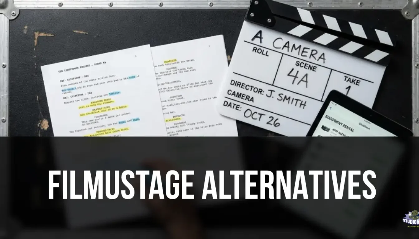 An overhead view of color-coded script breakdown pages, a film production clapperboard, and a tablet displaying a digital equipment checkout interface resting on a black studio road case. This illustrates the transition from AI pre-production script planning to the physical studio management and gear tracking provided by Filmustage alternatives.