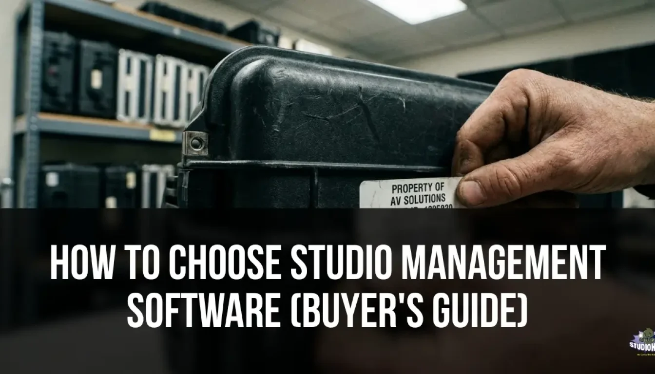Close-up of a studio technician scanning a barcode on a heavy-duty equipment case in a production gear room, illustrating the crucial equipment tracking features to look for when choosing studio management software.