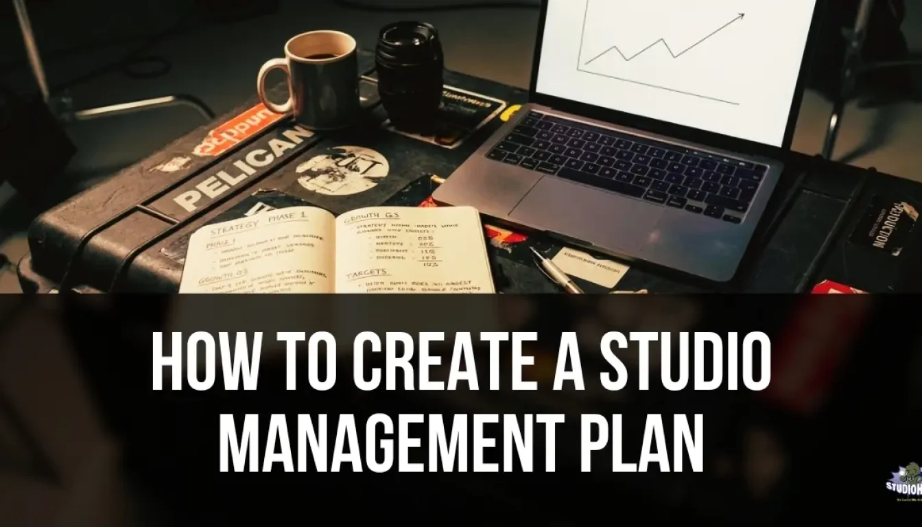 A studio manager at a laptop analyzing digital performance charts in a production studio environment, illustrating the critical studio management KPIs needed to track scheduling utilization, project profitability, and long-term business growth.