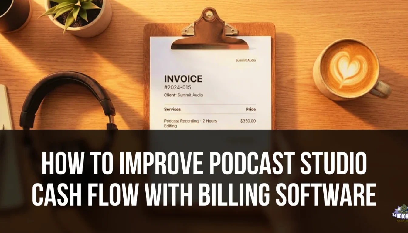 Overhead view of a wooden desk featuring a clipboard with an invoice, professional headphones, and a coffee cup, overlaid with the title "How to Improve Podcast Studio Cash Flow With Billing Software" and the Studio Hero logo.