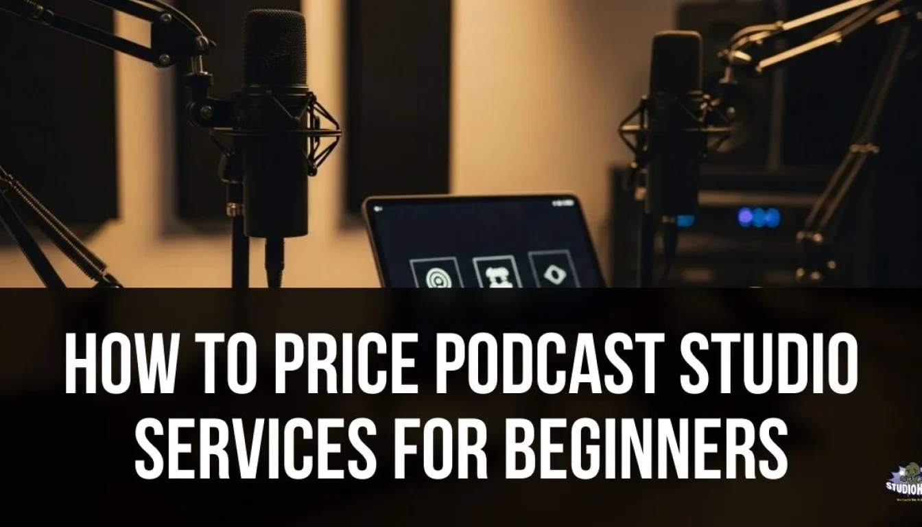 Close-up of a professional podcast setup featuring dual microphones and a digital touchscreen mixer, overlaid with the title "How to Price Podcast Studio Services for Beginners."
