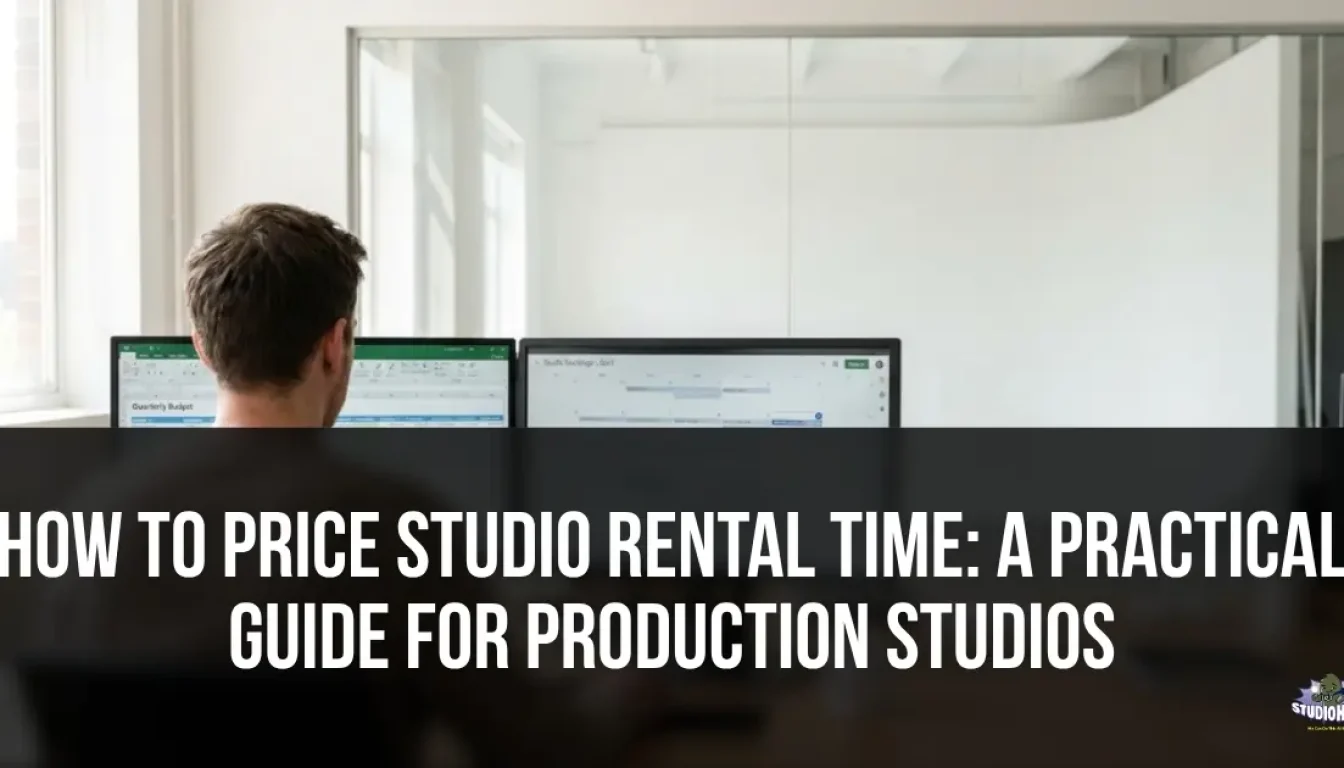 A studio manager at a dual-monitor workstation calculating production studio rental rates using budgeting spreadsheets and a digital studio calendar, illustrating how to price studio rental time based on utilization, overhead costs, and target profit margins.