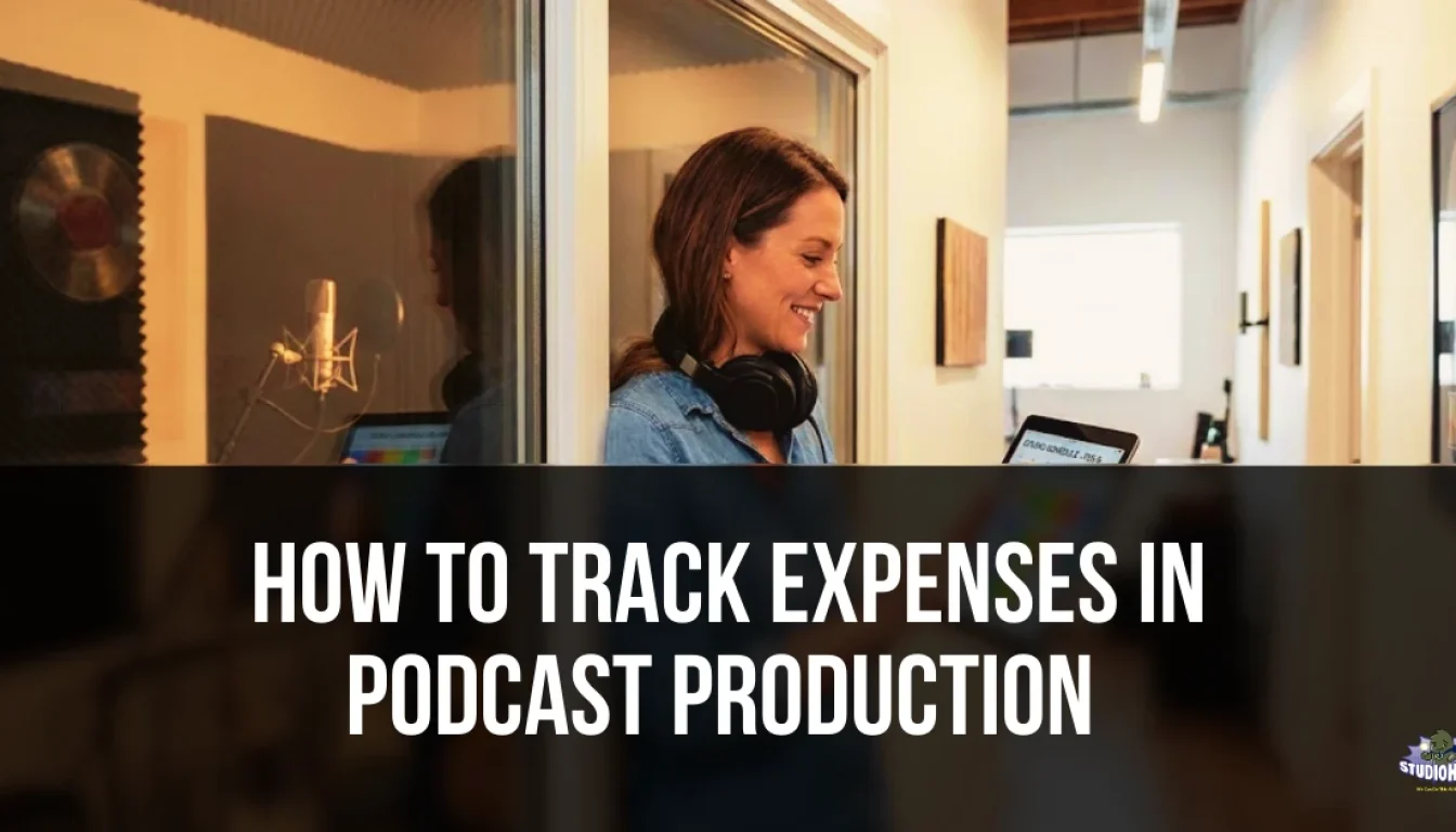 Studio manager standing in a recording booth doorway holding a tablet, smiling while reviewing production costs, overlaid with the title "How to Track Expenses in Podcast Production.
