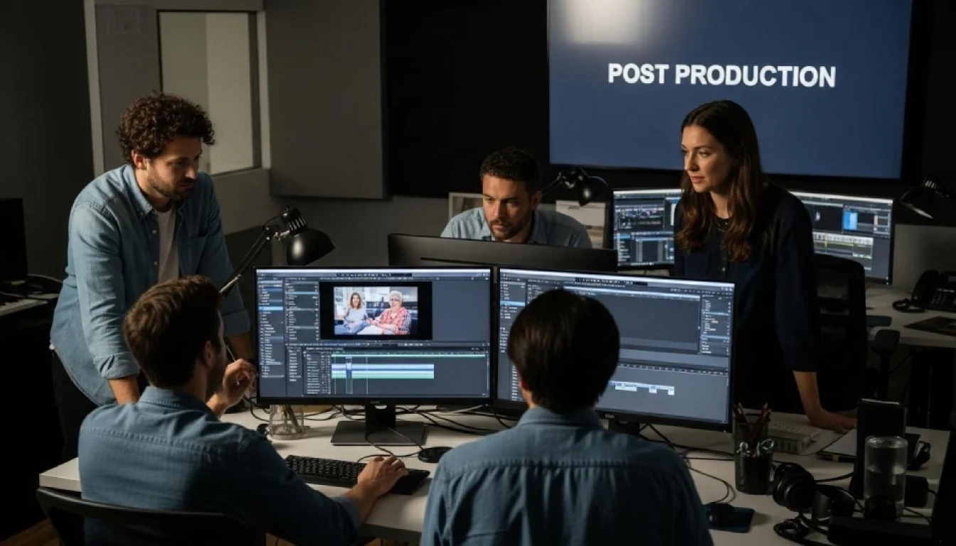 Post-production department structure showing video editors, sound designers, colorists, and production supervisors working together.