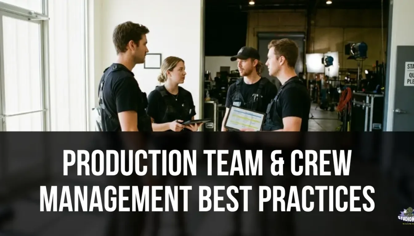 A production manager coordinating roles and reviewing the digital schedule with the film crew on an active set, illustrating production team and crew management best practices for centralized scheduling, clear communication, and efficient workload tracking.