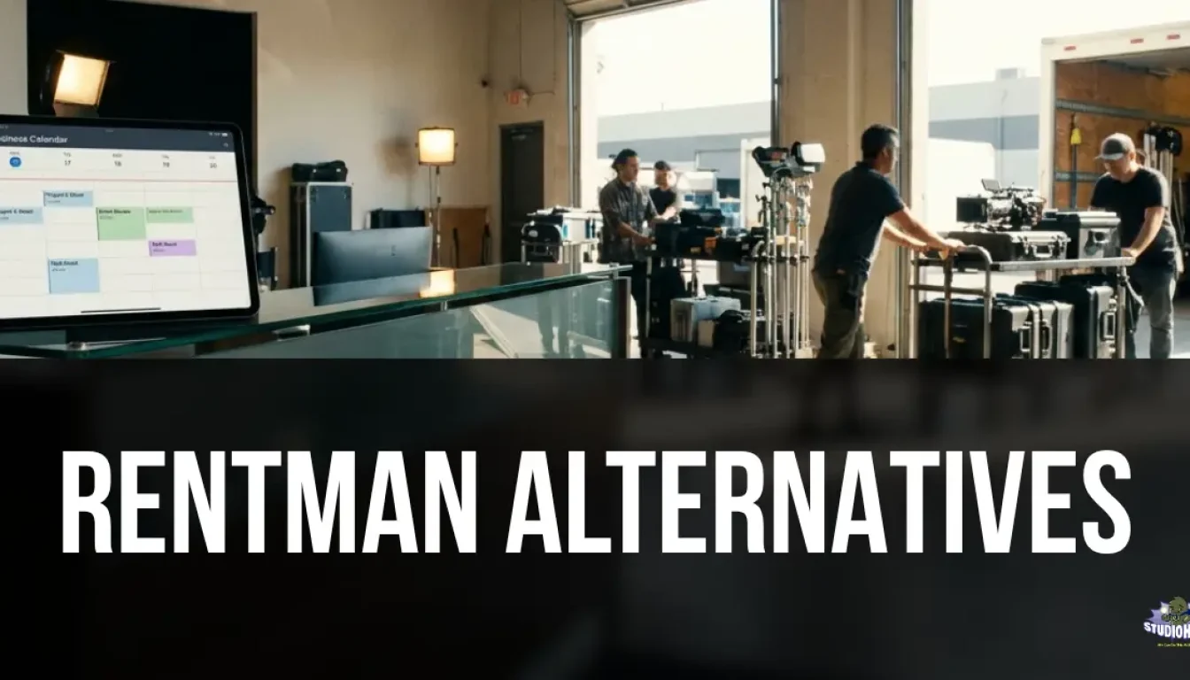 Studio management software calendar on a tablet with AV rental equipment being loaded in the background, illustrating the top Rentman alternatives for creative studios.