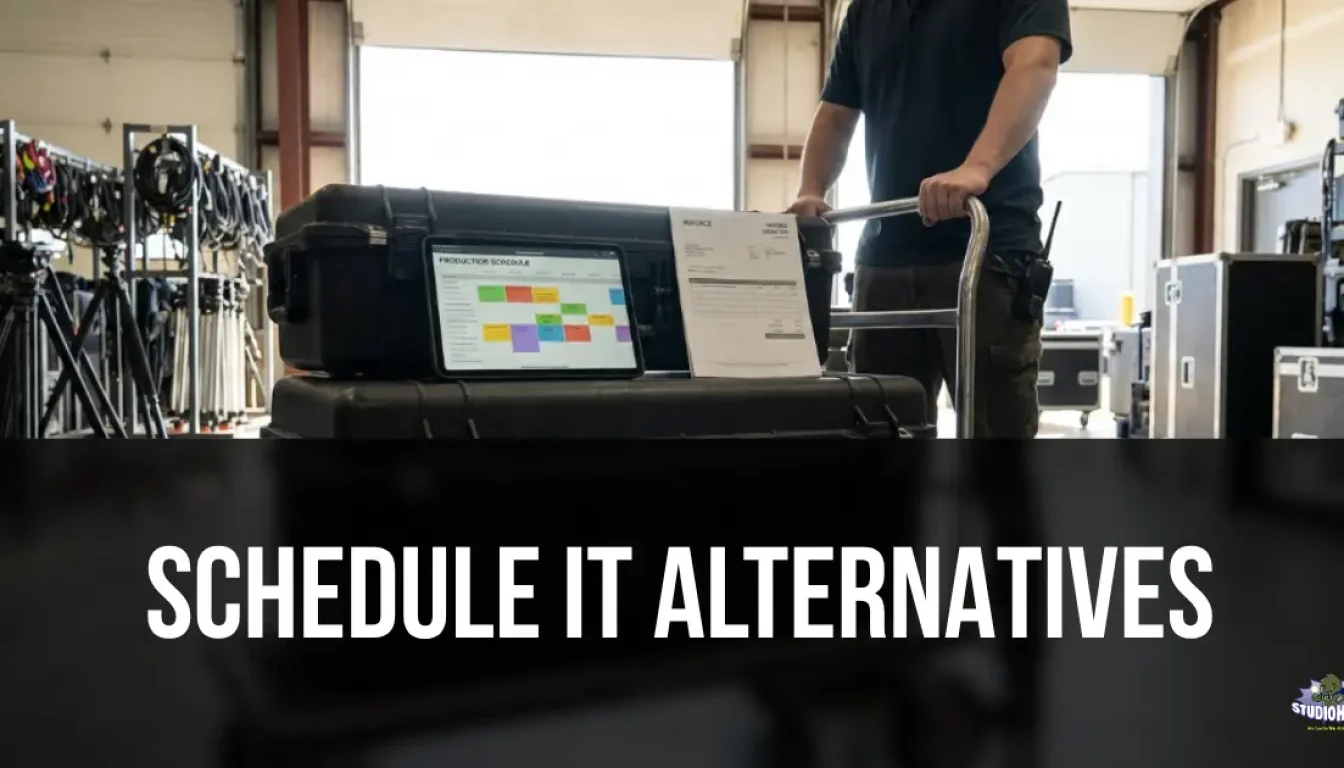 A studio technician in a production equipment room pushing a cart loaded with heavy gear cases. A tablet displaying a digital resource schedule rests on the cases next to a printed manifest, illustrating the physical equipment tracking and studio management workflows that top Schedule it alternatives provide.
