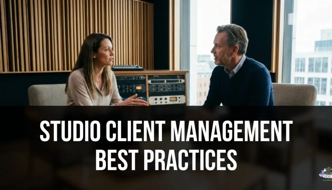 A studio manager conducting a strategic quarterly review meeting with a top-tier client in a modern production facility, illustrating studio client management best practices for proactive communication, professional onboarding, and long-term client retention.