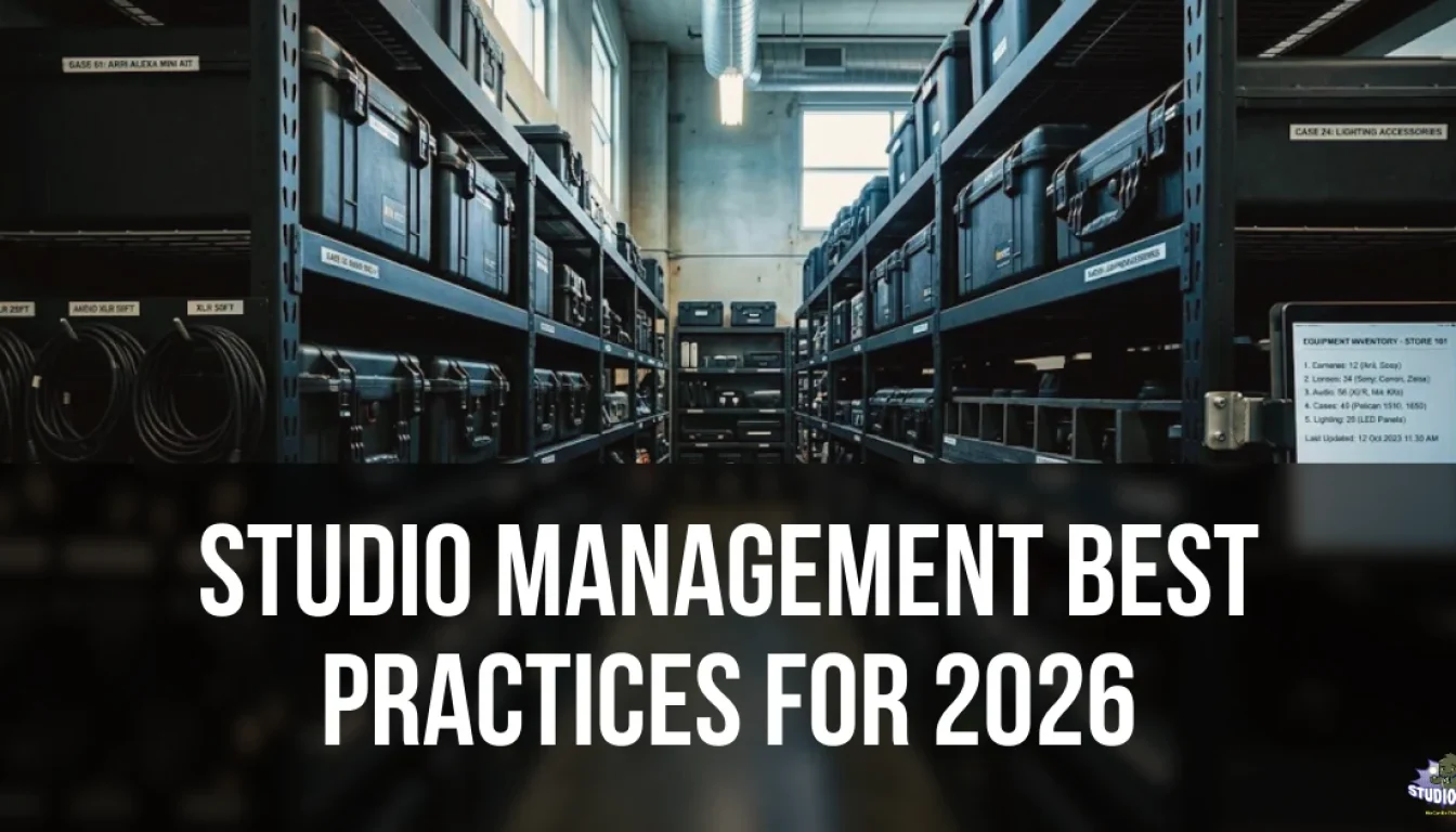 A highly organized production studio equipment room featuring storage racks of hard cases, coiled cables, and a tablet displaying a digital inventory list, demonstrating studio management best practices for equipment tracking and resource management.
