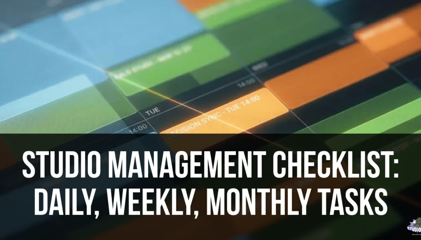 Close-up of a color-coded digital studio scheduling calendar, illustrating the essential daily, weekly, and monthly studio management checklist tasks required to organize bookings, track resources, and prevent operational failures.