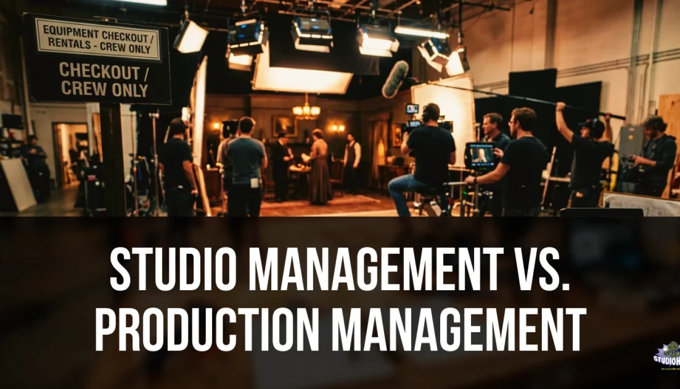 Active film production set with a dedicated equipment checkout area, visually representing the core differences between facility-focused studio management operations and project-focused production management workflows.