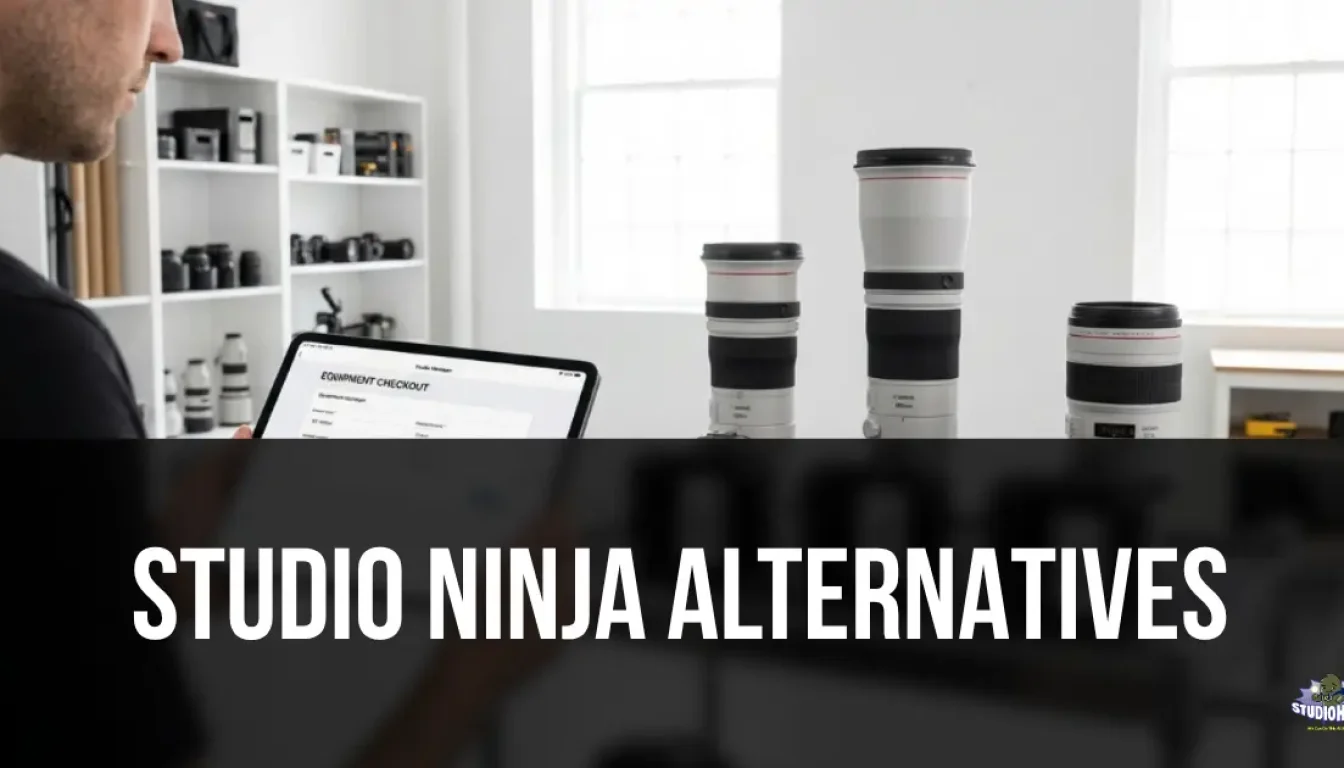 A photography studio manager checking out camera lenses using a digital equipment tracking interface on a tablet, illustrating the physical gear management and facility operations that Studio Ninja alternatives provide for growing studios.
