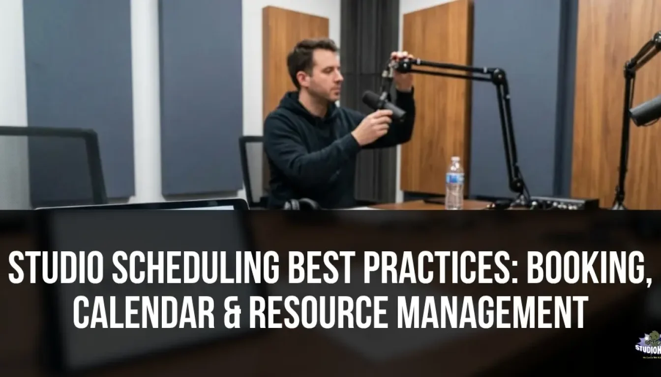 A podcast studio manager checking a tablet displaying a centralized digital calendar while adjusting microphone levels, illustrating studio scheduling best practices for resource management, buffer time, and preventing double bookings.