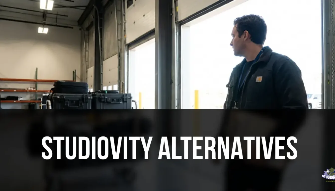 An overhead view of color-coded script breakdown pages, a film production clapperboard, and a tablet displaying a digital equipment checkout interface resting on a black studio road case. This illustrates the transition from pre-production script planning to physical studio management and gear tracking.