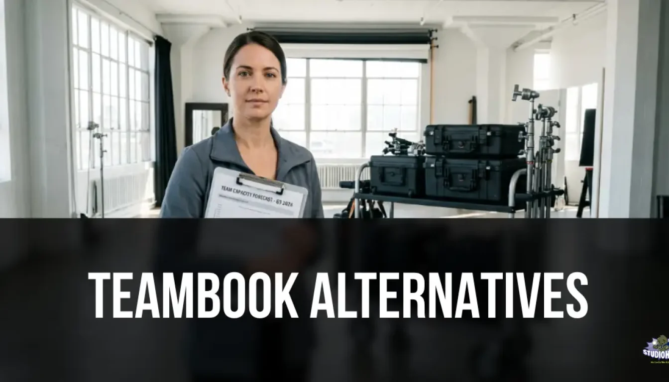A studio manager holding a clipboard with a "Team Capacity Forecast" document standing in a well-lit production studio with heavy equipment cases on a cart in the background, illustrating the shift from project-based resource planning in Teambook to physical studio facility management.