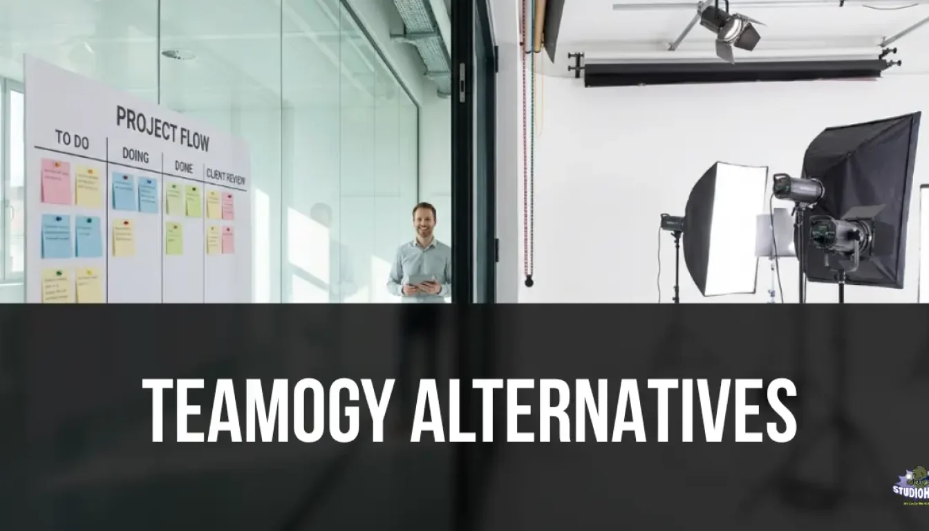 A studio manager holding a tablet stands between a glass wall displaying a sticky-note project Kanban board and a physical photography studio setup with lighting gear, illustrating the transition from standard agency ERP project management to the physical facility operations provided by Teamogy alternatives.