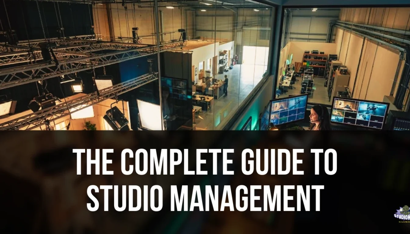 High-level view of a multi-room production facility featuring an active sound stage, a dedicated equipment inventory room, and a master control room, representing the core pillars of studio management, including facility scheduling, equipment tracking, and production workflow coordination.