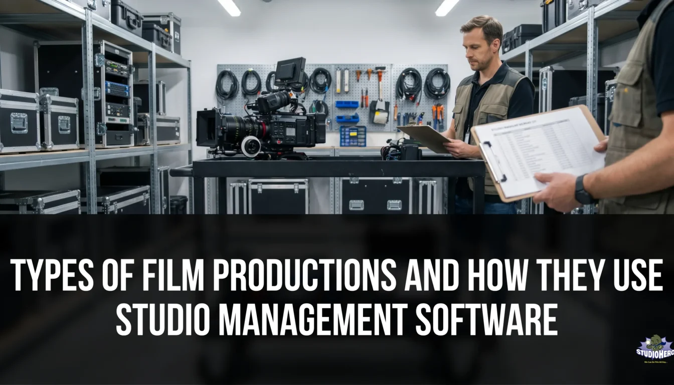 A film production crew member reviews an equipment checkout list on a clipboard next to a rigged cinema camera in a studio gear room, illustrating how different types of film productions use studio management software to track inventory and streamline daily operations.