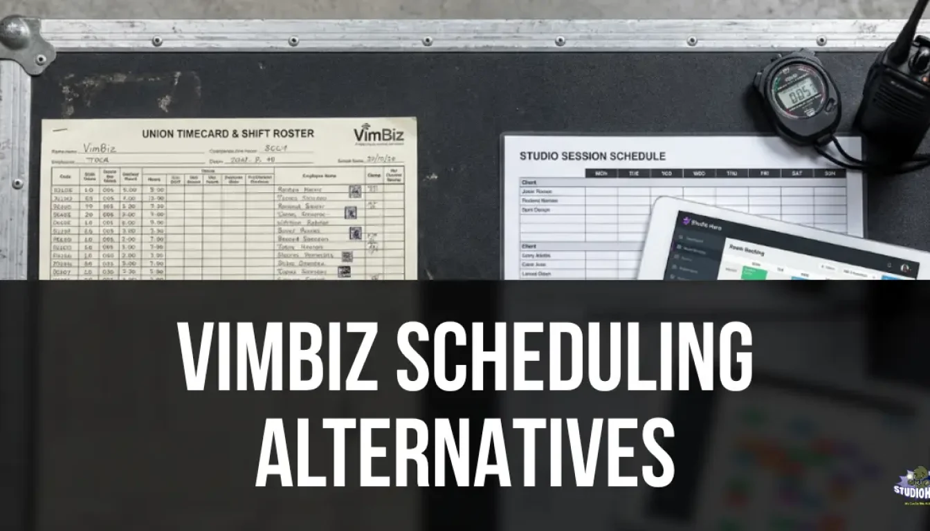 An overhead view of a black production road case holding a printed union timecard and shift roster next to a modern tablet displaying a digital studio session schedule, representing the shift from complex broadcast labor management to streamlined studio operations software.
