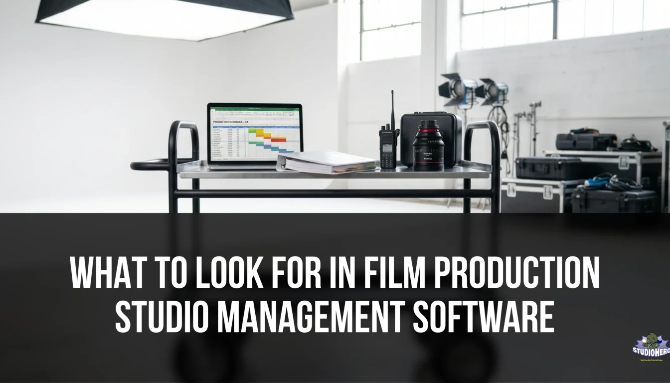 A tablet displaying a digital production schedule rests on a studio gear cart next to a two-way radio and a cinema lens, while a crew member maneuvers a camera dolly on the film set in the background, demonstrating the key features to look for in film production studio management software.