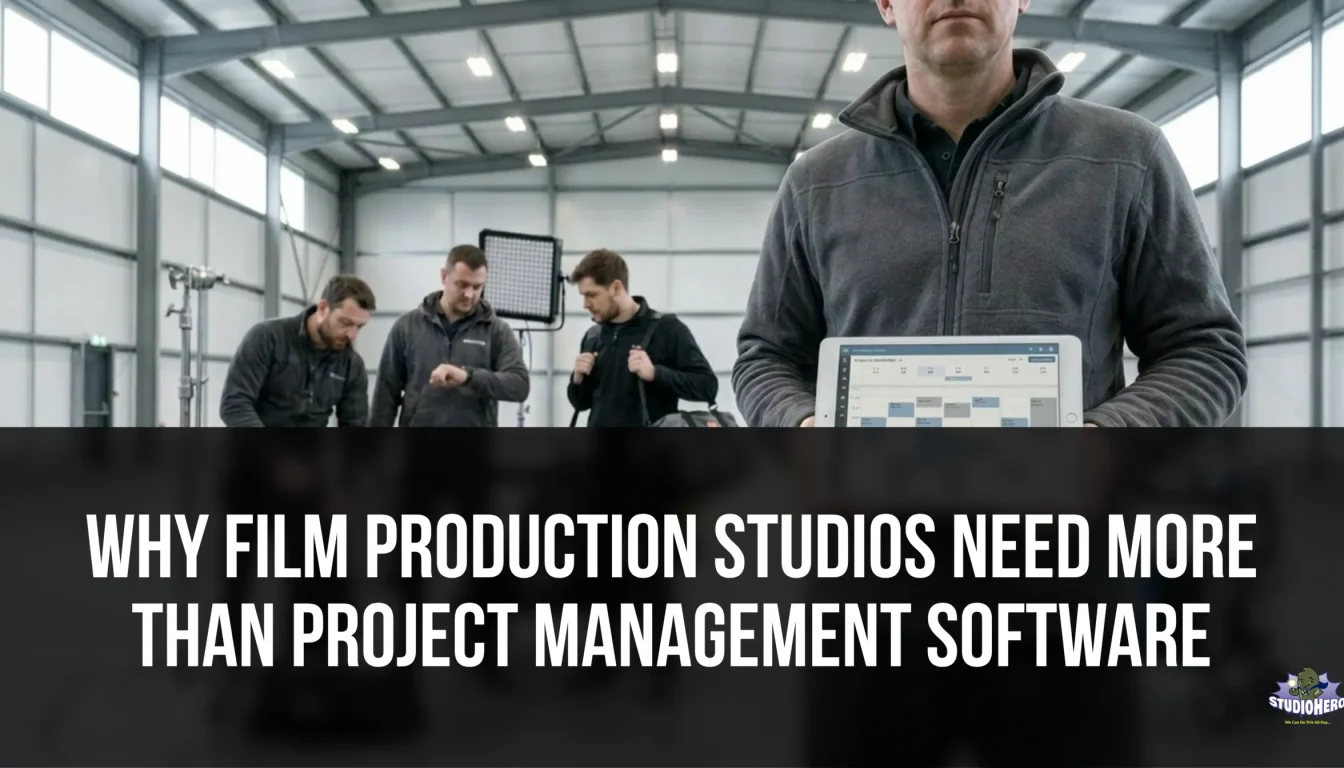 In a busy film production studio, a manager holds a tablet displaying a detailed color-coded production schedule, while in the background, a crew sets up lighting and a heavy cinema camera on a dolly. This visualizes why complex studio operations require specialized production management software rather than generic project task trackers.