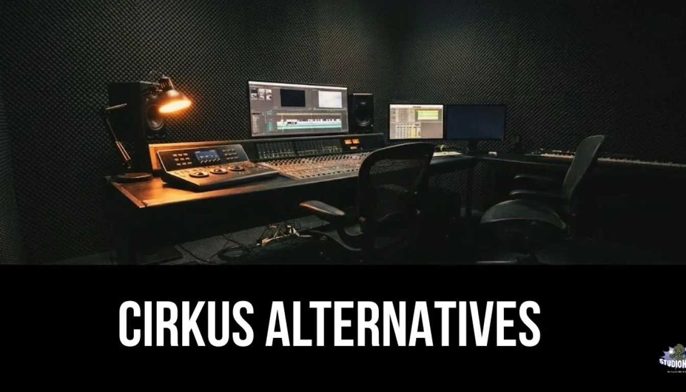 Professional recording studio control room featuring a mixing console, three-monitor setup, and acoustic treatment, overlaid with the title "Cirkus Alternatives" and the Studio Hero logo in the bottom right corner.