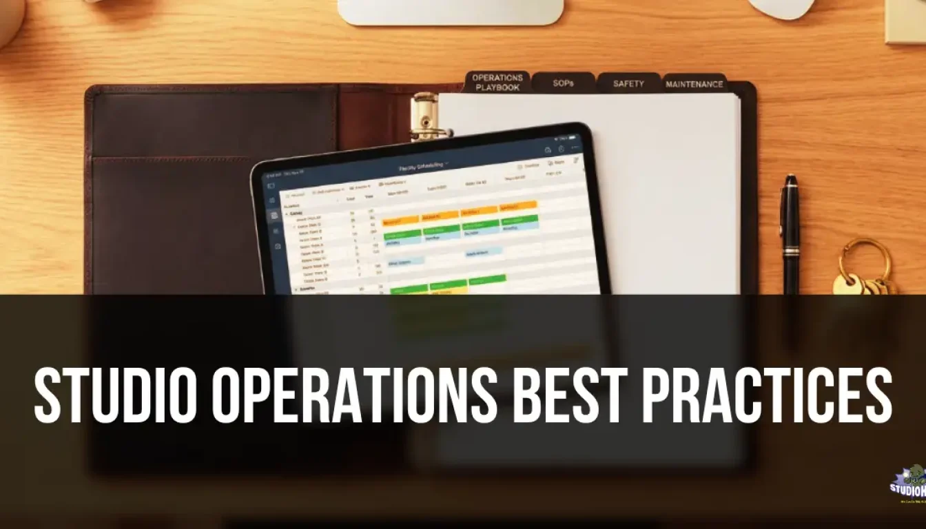 An open operations playbook binder displaying tabs for SOPs, safety, and maintenance, with a tablet resting on top showing a digital facility scheduling interface, demonstrating studio operations best practices for managing capacity and workflows.
